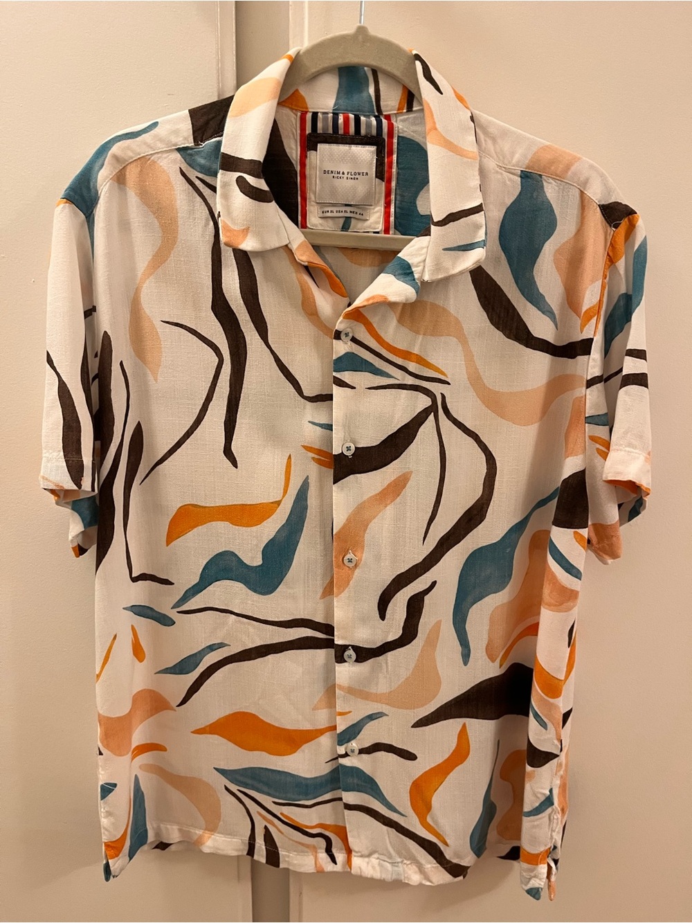 Denim & Flower by Ricky Singh — Abstract Print Camp Collar Shirt, Men's XL